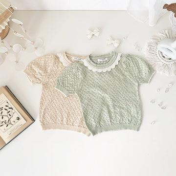 半袖Tシャツ Lace Cutout Knitted Short Sleeve Top レースカットアウト 半袖サマーニット【mh0012148】