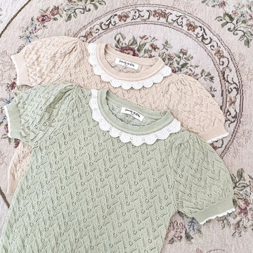 半袖Tシャツ Lace Cutout Knitted Short Sleeve Top レースカットアウト 半袖サマーニット【mh0012148】