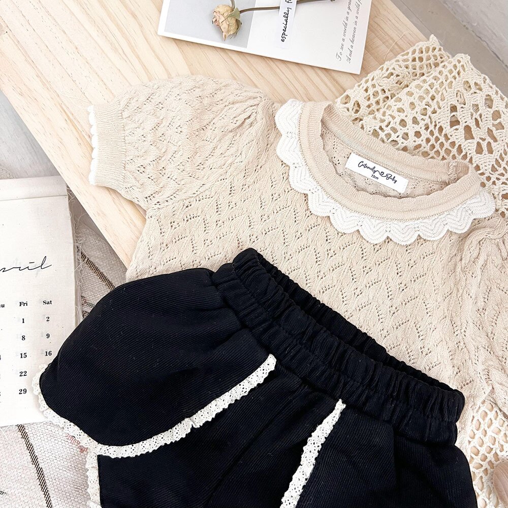 半袖Tシャツ Lace Cutout Knitted Short Sleeve Top レースカットアウト 半袖サマーニット【mh0012148】