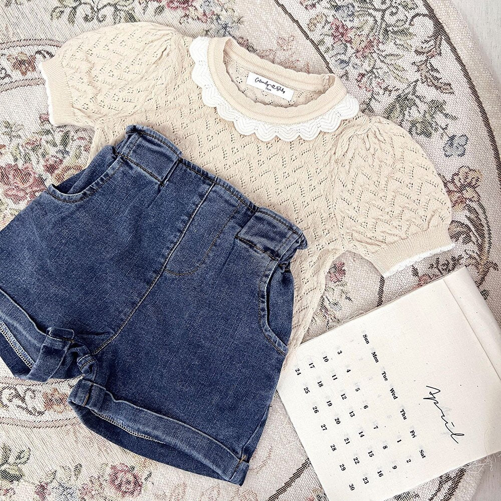 半袖Tシャツ Lace Cutout Knitted Short Sleeve Top レースカットアウト 半袖サマーニット【mh0012148】
