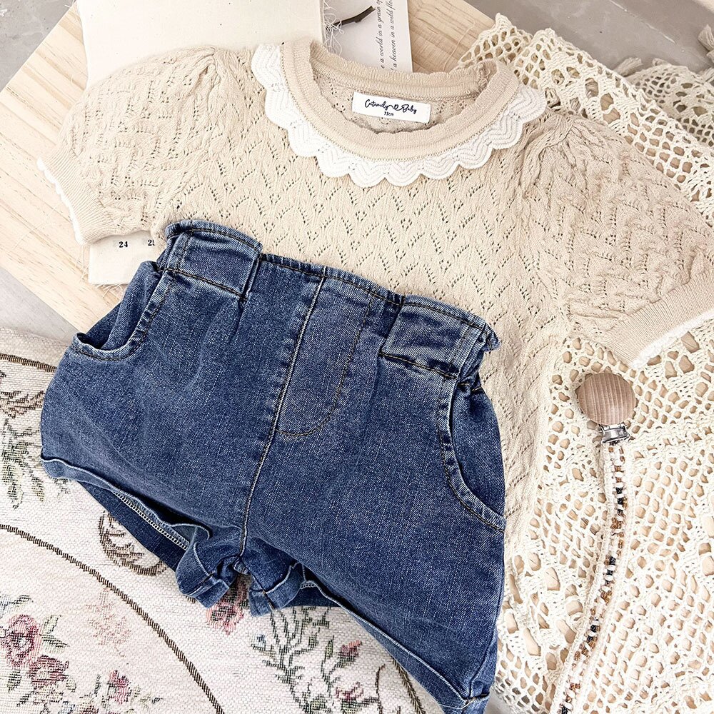 半袖Tシャツ Lace Cutout Knitted Short Sleeve Top レースカットアウト 半袖サマーニット【mh0012148】