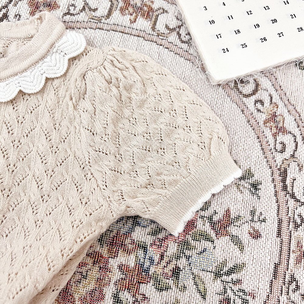 半袖Tシャツ Lace Cutout Knitted Short Sleeve Top レースカットアウト 半袖サマーニット【mh0012148】