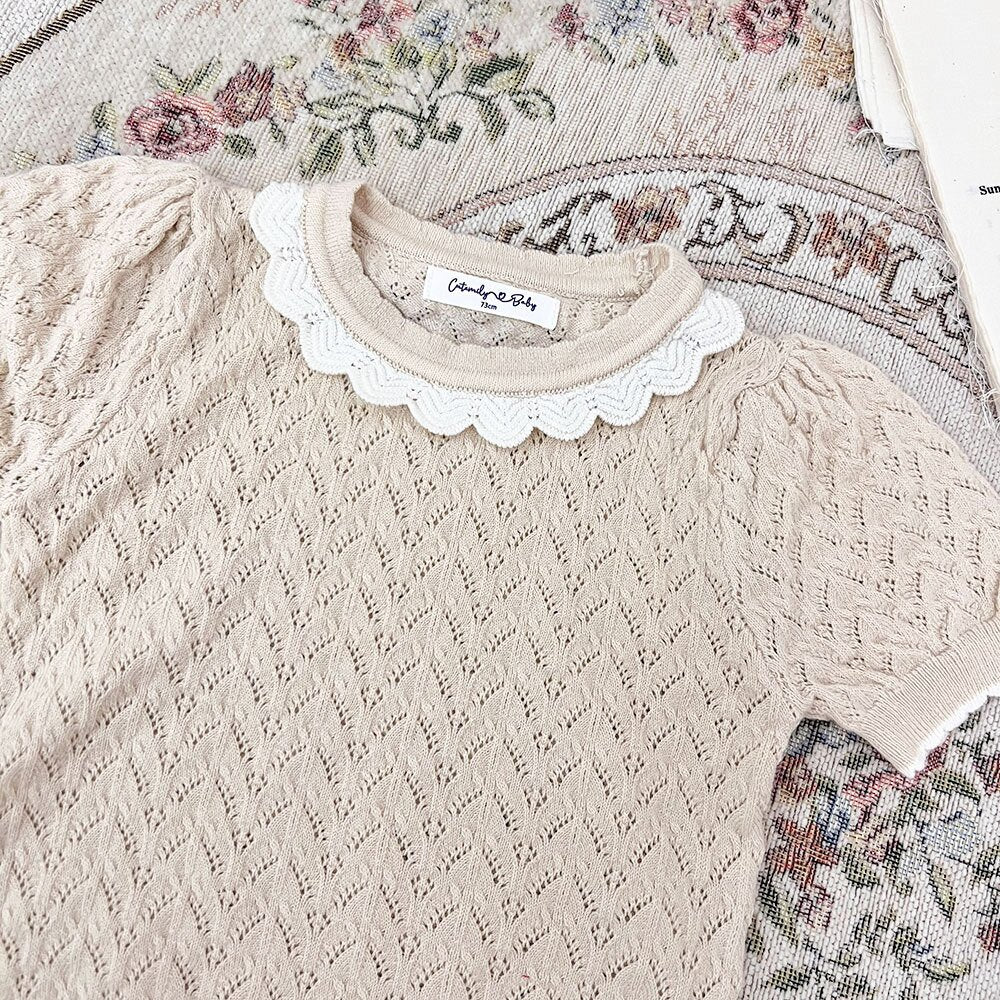 半袖Tシャツ Lace Cutout Knitted Short Sleeve Top レースカットアウト 半袖サマーニット【mh0012148】