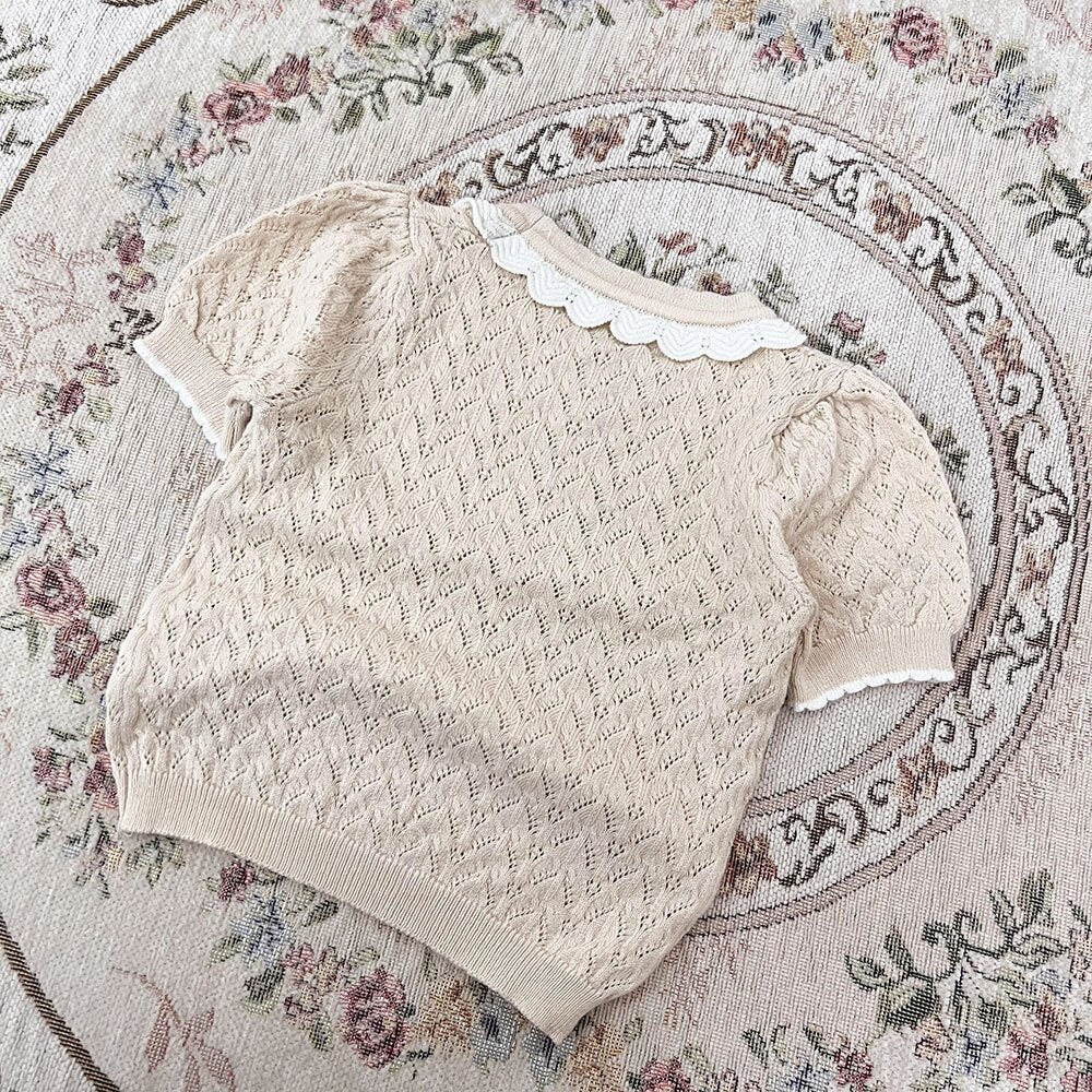 半袖Tシャツ Lace Cutout Knitted Short Sleeve Top レースカットアウト 半袖サマーニット【mh0012148】