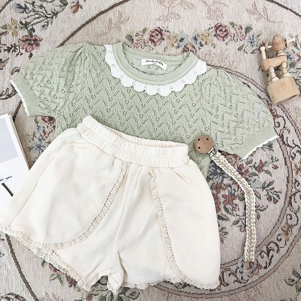半袖Tシャツ Lace Cutout Knitted Short Sleeve Top レースカットアウト 半袖サマーニット【mh0012148】