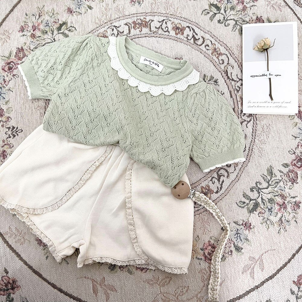 半袖Tシャツ Lace Cutout Knitted Short Sleeve Top レースカットアウト 半袖サマーニット【mh0012148】