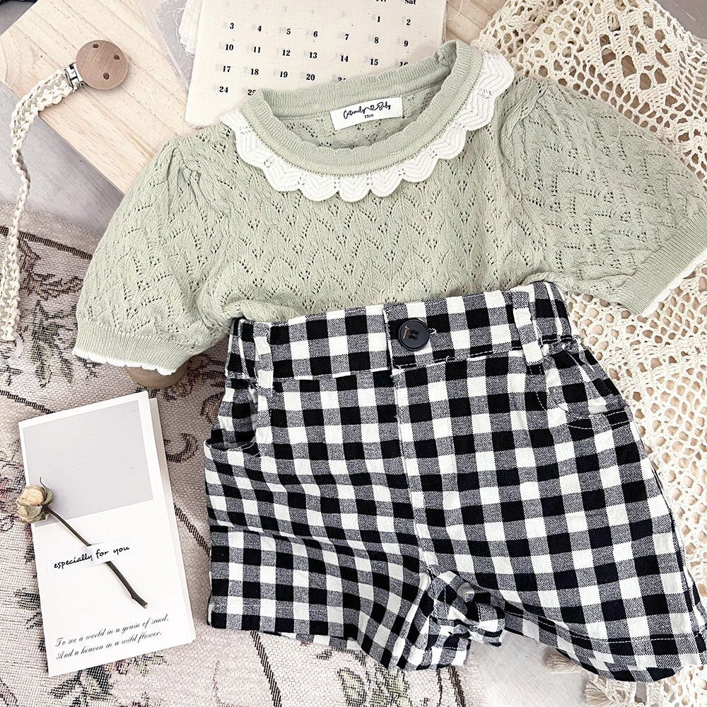 半袖Tシャツ Lace Cutout Knitted Short Sleeve Top レースカットアウト 半袖サマーニット【mh0012148】