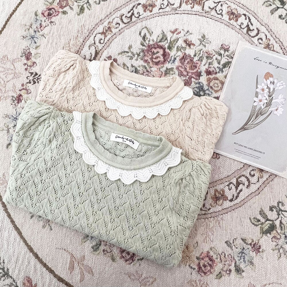 半袖Tシャツ Lace Cutout Knitted Short Sleeve Top レースカットアウト 半袖サマーニット【mh0012148】