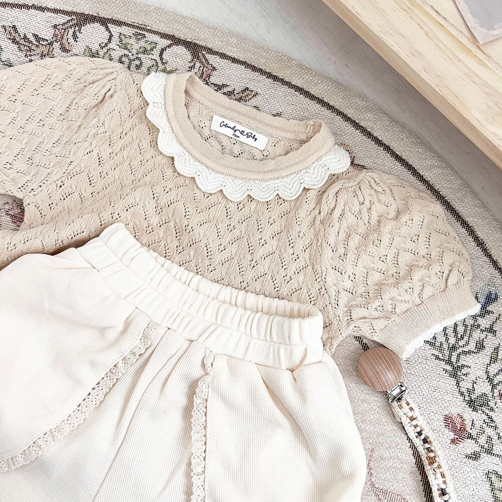 半袖Tシャツ Lace Cutout Knitted Short Sleeve Top レースカットアウト 半袖サマーニット【mh0012148】