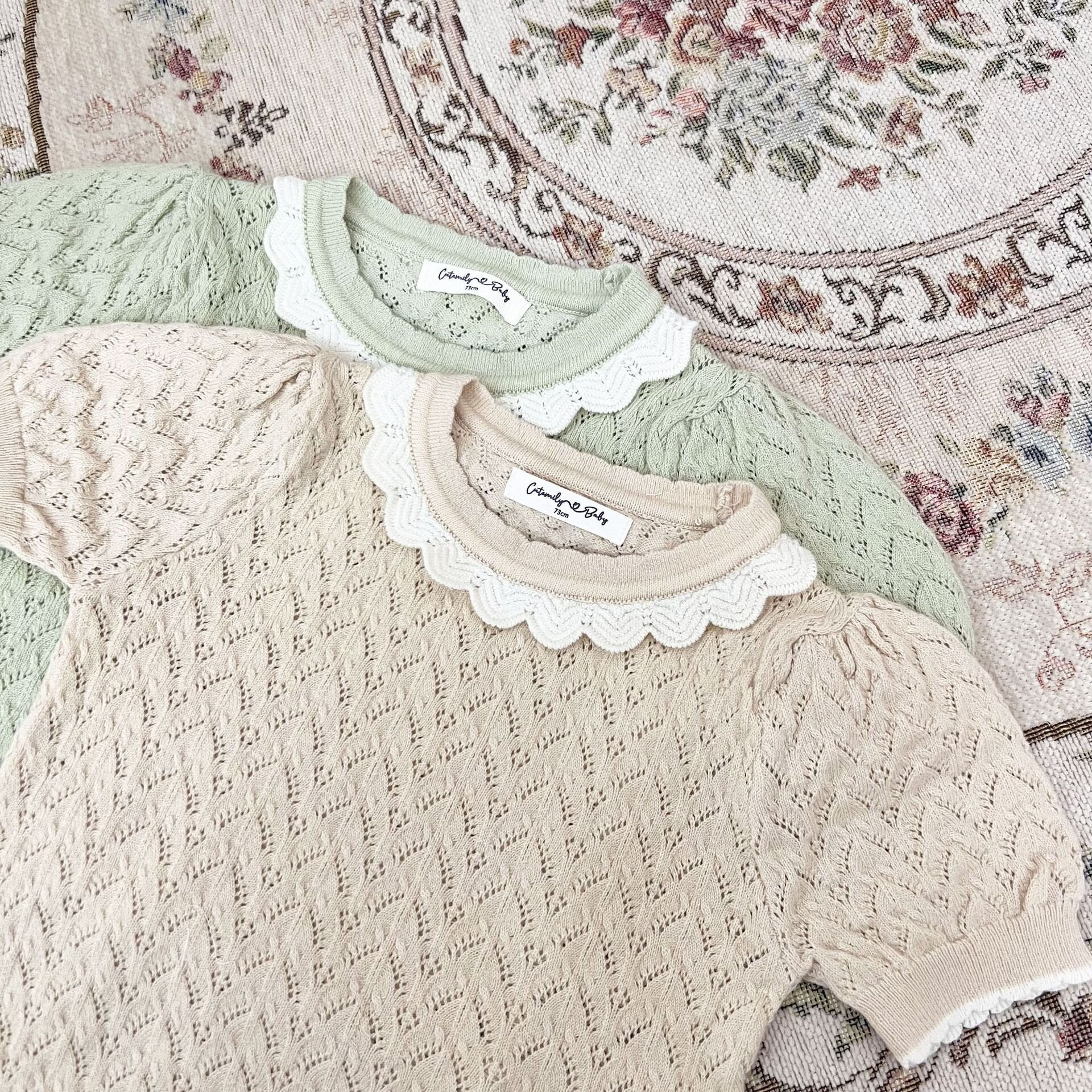 半袖Tシャツ Lace Cutout Knitted Short Sleeve Top レースカットアウト 半袖サマーニット【mh0012148】