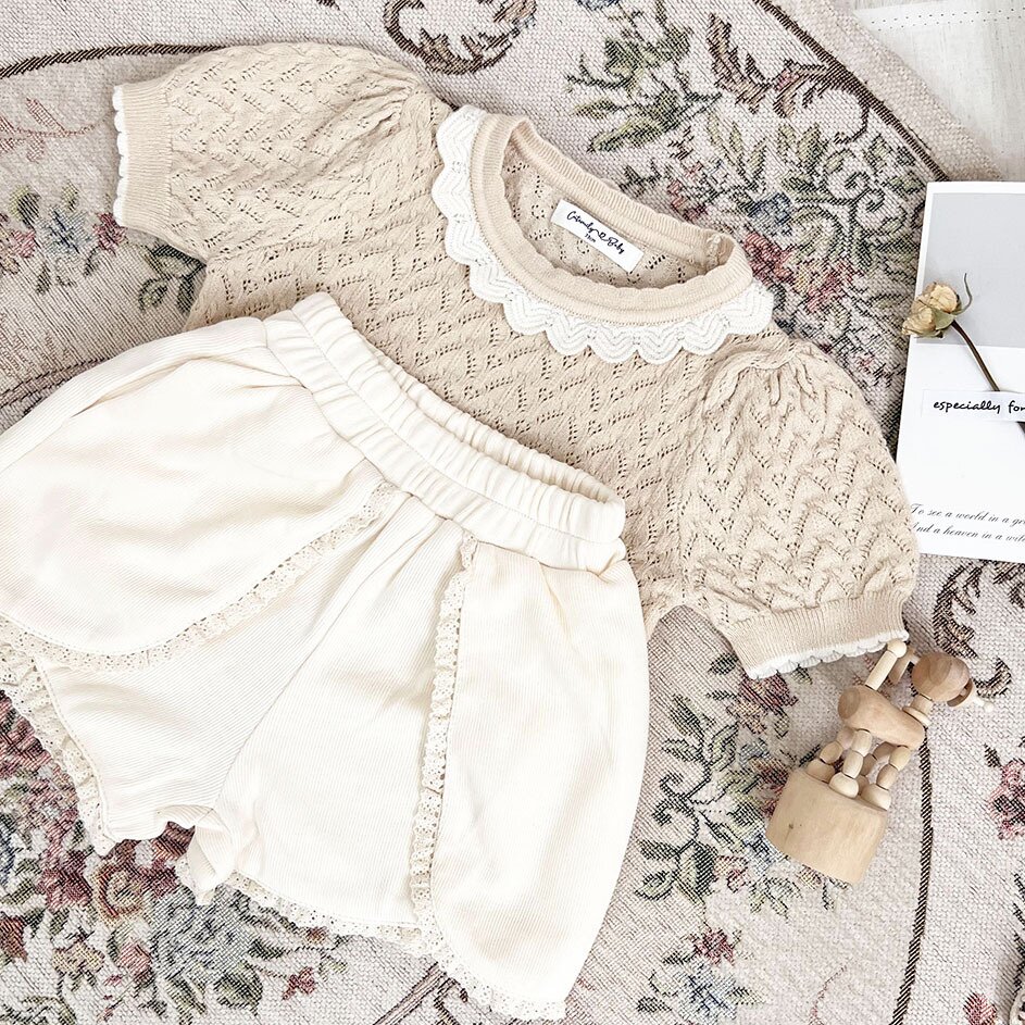 半袖Tシャツ Lace Cutout Knitted Short Sleeve Top レースカットアウト 半袖サマーニット【mh0012148】