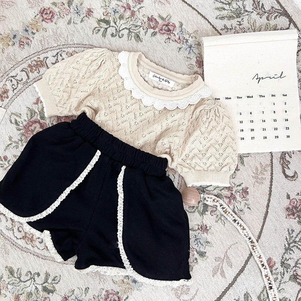 半袖Tシャツ Lace Cutout Knitted Short Sleeve Top レースカットアウト 半袖サマーニット【mh0012148】
