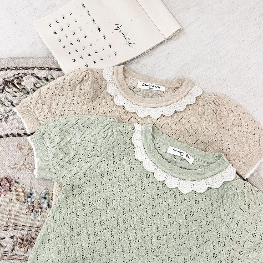 半袖Tシャツ Lace Cutout Knitted Short Sleeve Top レースカットアウト 半袖サマーニット【mh0012148】