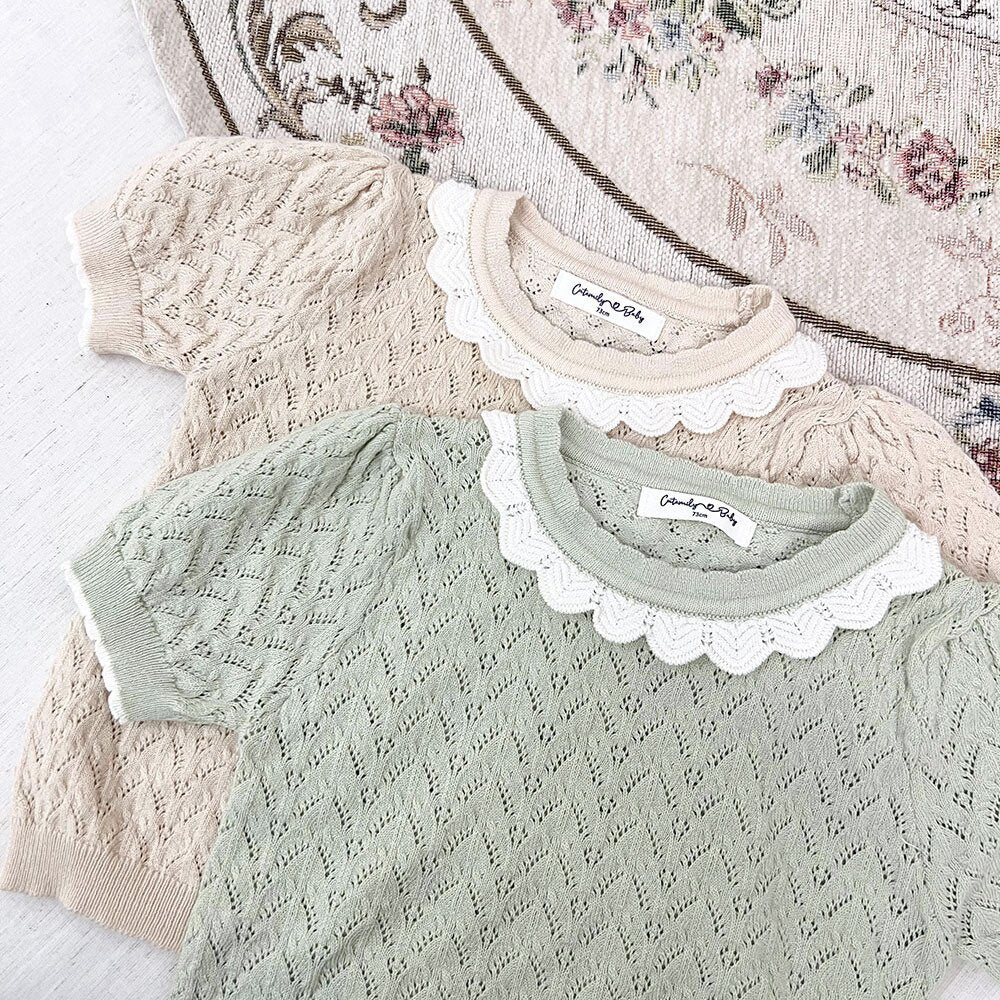 半袖Tシャツ Lace Cutout Knitted Short Sleeve Top レースカットアウト 半袖サマーニット【mh0012148】