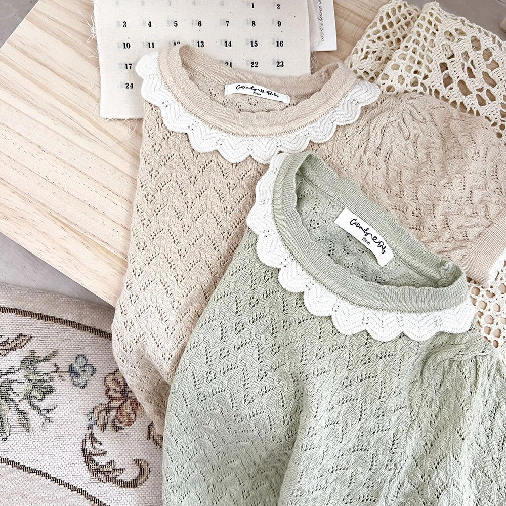 半袖Tシャツ Lace Cutout Knitted Short Sleeve Top レースカットアウト 半袖サマーニット【mh0012148】