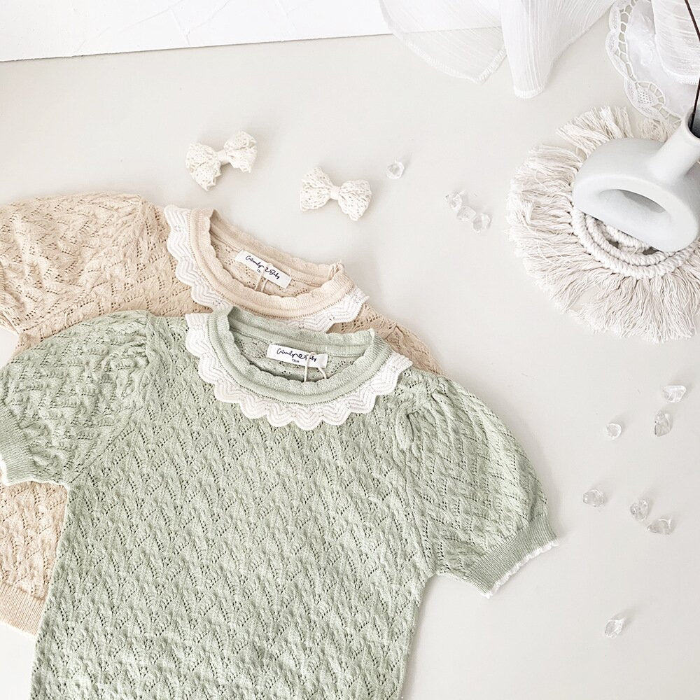 半袖Tシャツ Lace Cutout Knitted Short Sleeve Top レースカットアウト 半袖サマーニット【mh0012148】