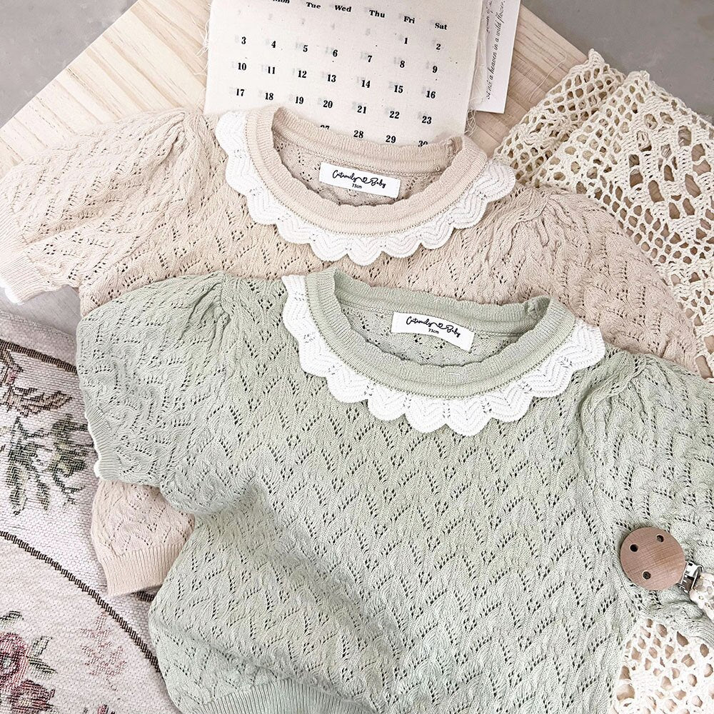 半袖Tシャツ Lace Cutout Knitted Short Sleeve Top レースカットアウト 半袖サマーニット【mh0012148】