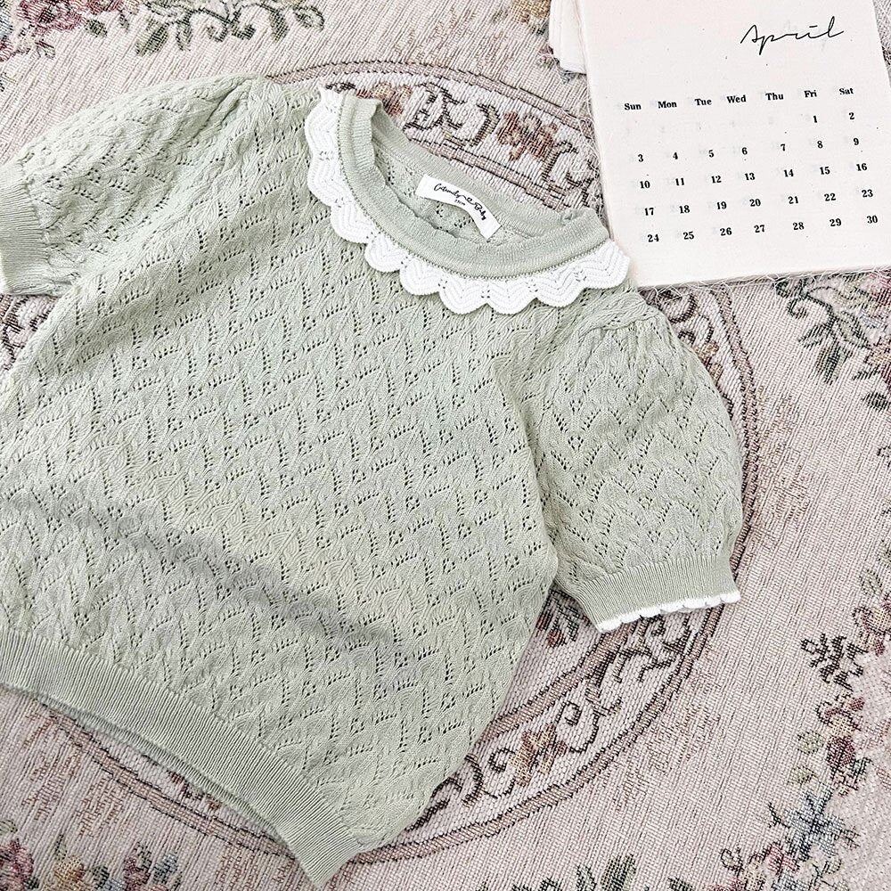 半袖Tシャツ Light Green / 73cm Lace Cutout Knitted Short Sleeve Top レースカットアウト 半袖サマーニット【mh0012148】