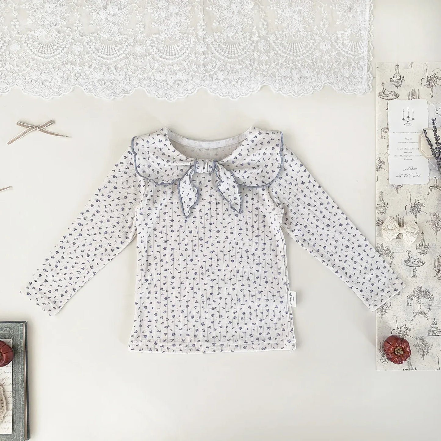 長袖Tシャツ printed / 9M (73) ベビーキッズトップス フラワー/無地リボン襟長袖Tシャツブラウス【mh0008929】