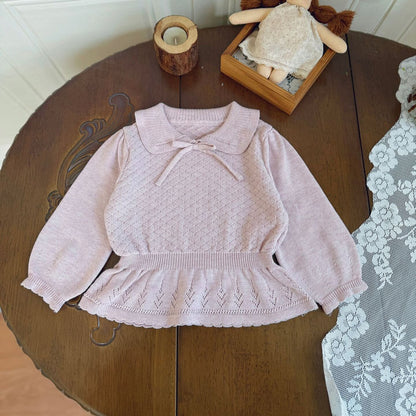 長袖Tシャツ Purple / 73cm Lace Bow Cutout Sweater レース リボン 透かし編み セーター【mh0012158】