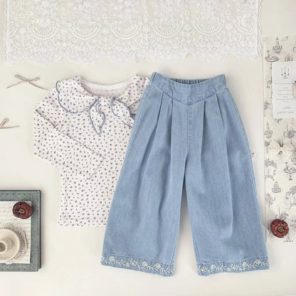 長袖Tシャツ ベビーキッズトップス フラワー/無地リボン襟長袖Tシャツブラウス【mh0008929】