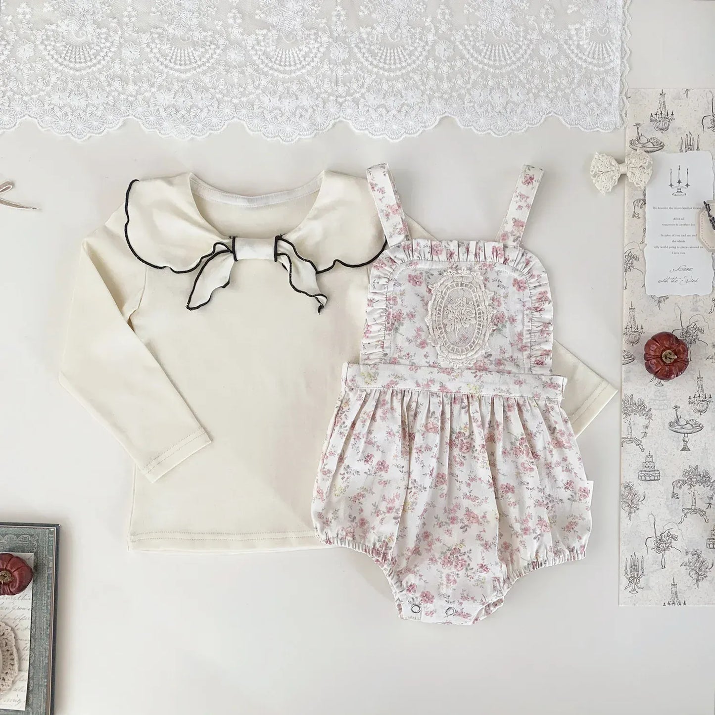 長袖Tシャツ ベビーキッズトップス フラワー/無地リボン襟長袖Tシャツブラウス【mh0008929】