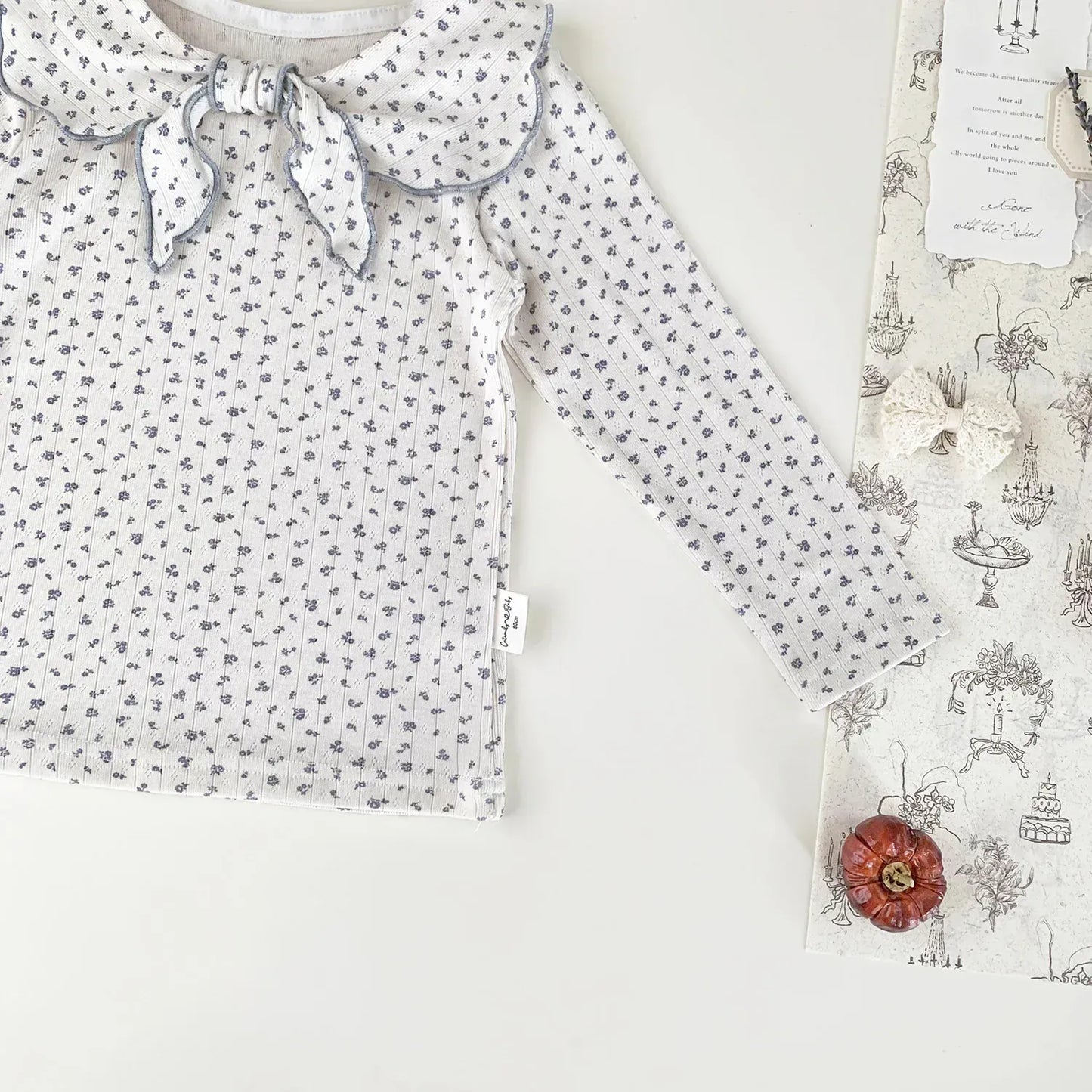 長袖Tシャツ ベビーキッズトップス フラワー/無地リボン襟長袖Tシャツブラウス【mh0008929】