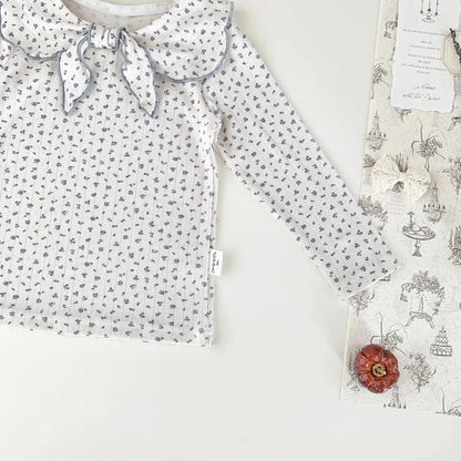 長袖Tシャツ ベビーキッズトップス フラワー/無地リボン襟長袖Tシャツブラウス【mh0008929】