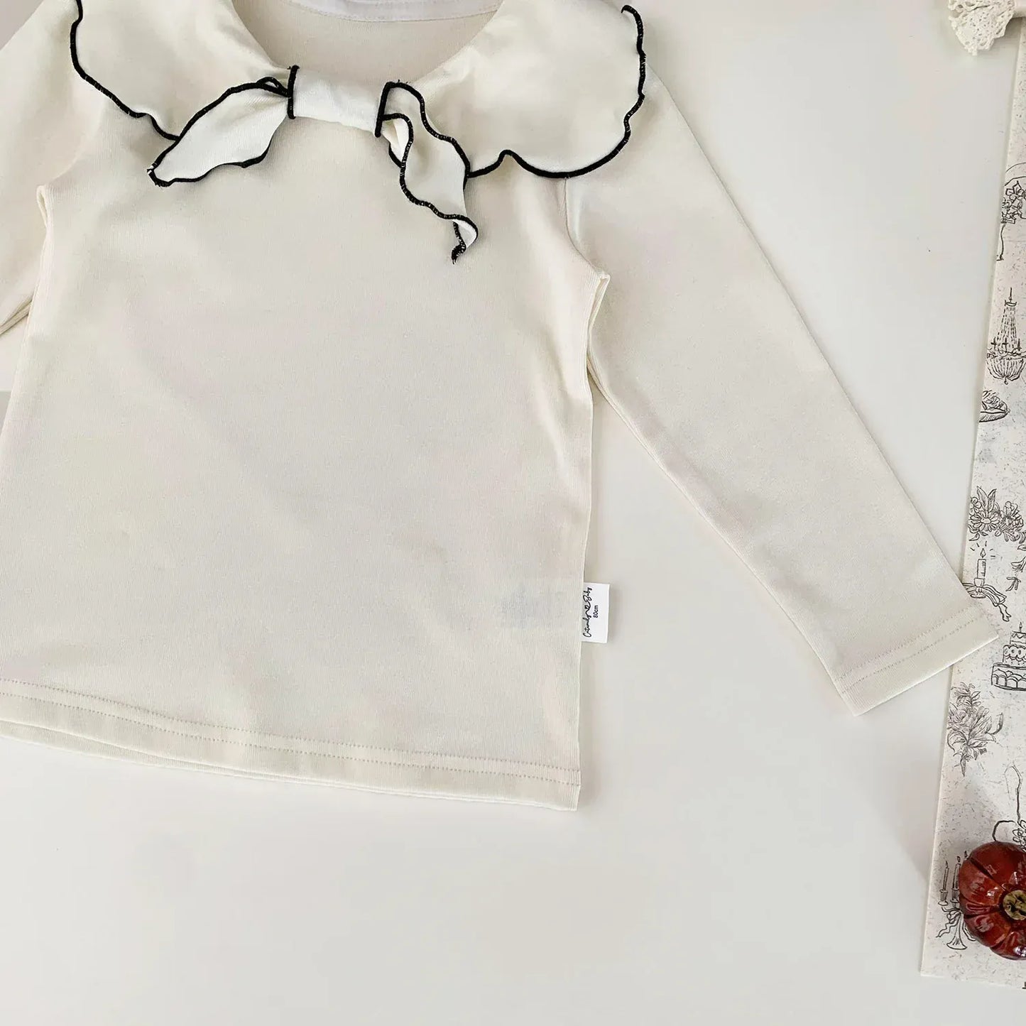 長袖Tシャツ ベビーキッズトップス フラワー/無地リボン襟長袖Tシャツブラウス【mh0008929】