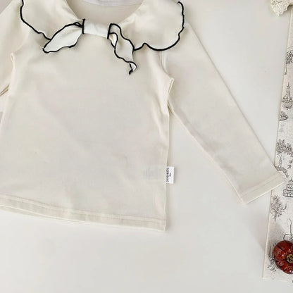 長袖Tシャツ ベビーキッズトップス フラワー/無地リボン襟長袖Tシャツブラウス【mh0008929】
