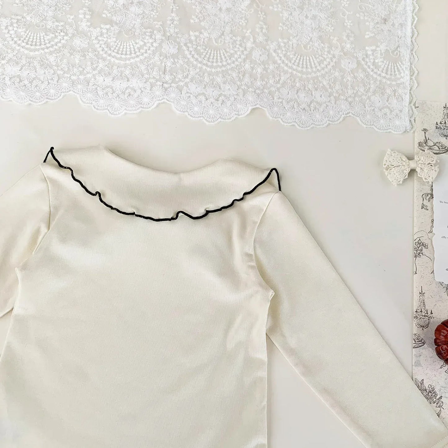 長袖Tシャツ ベビーキッズトップス フラワー/無地リボン襟長袖Tシャツブラウス【mh0008929】