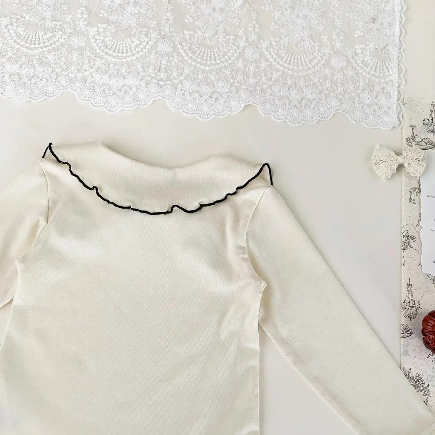 長袖Tシャツ ベビーキッズトップス フラワー/無地リボン襟長袖Tシャツブラウス【mh0008929】