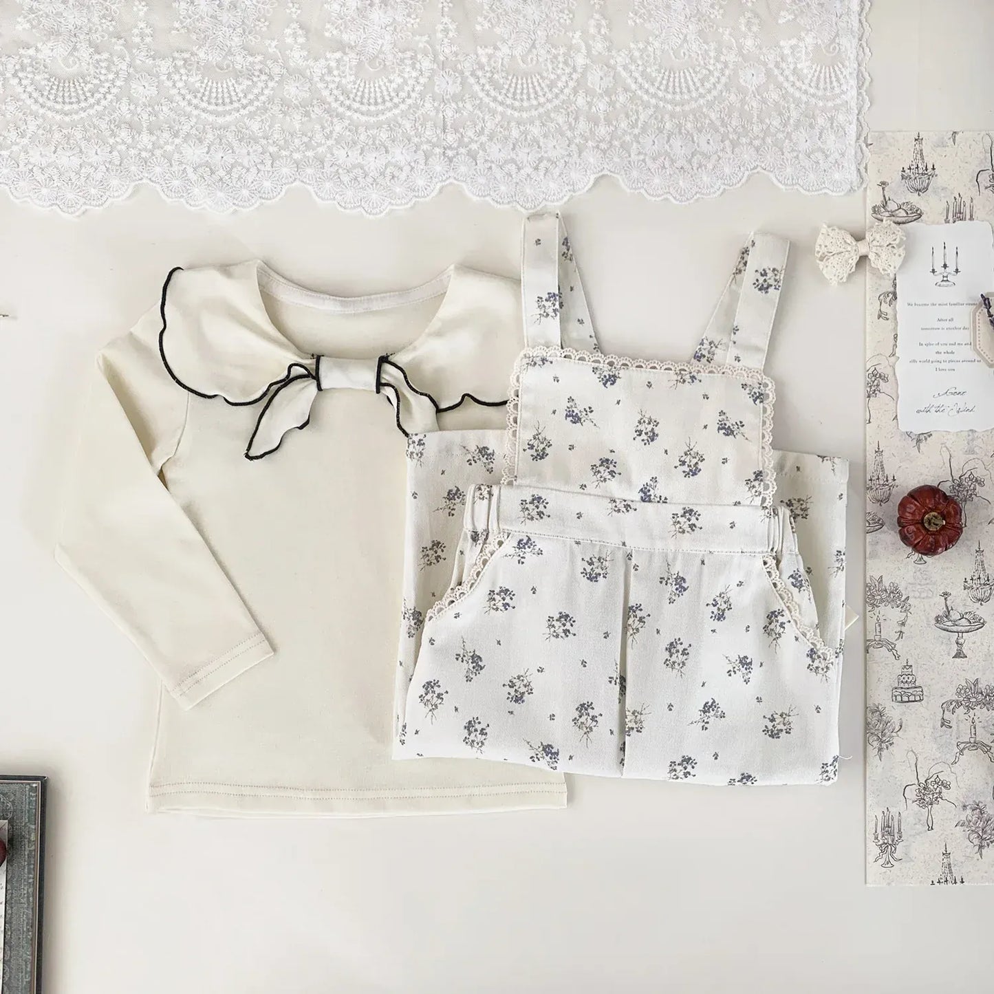 長袖Tシャツ ベビーキッズトップス フラワー/無地リボン襟長袖Tシャツブラウス【mh0008929】