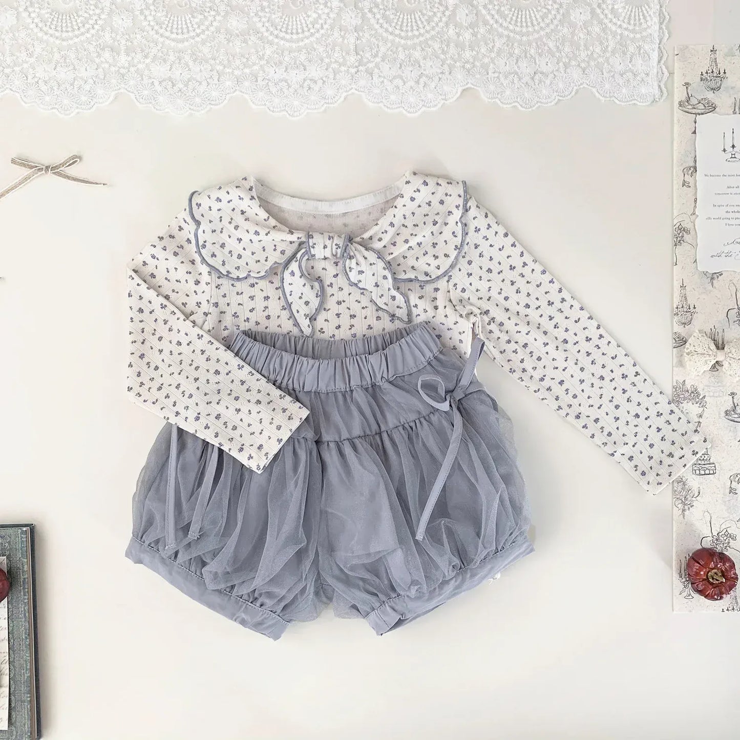 長袖Tシャツ ベビーキッズトップス フラワー/無地リボン襟長袖Tシャツブラウス【mh0008929】