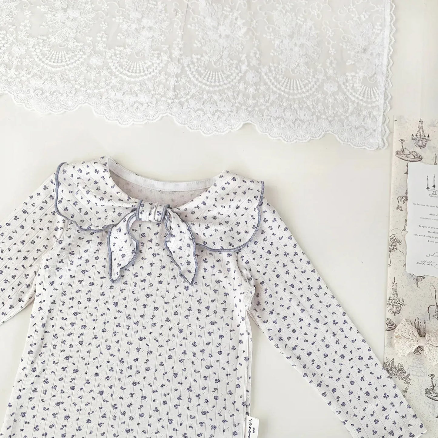 長袖Tシャツ ベビーキッズトップス フラワー/無地リボン襟長袖Tシャツブラウス【mh0008929】