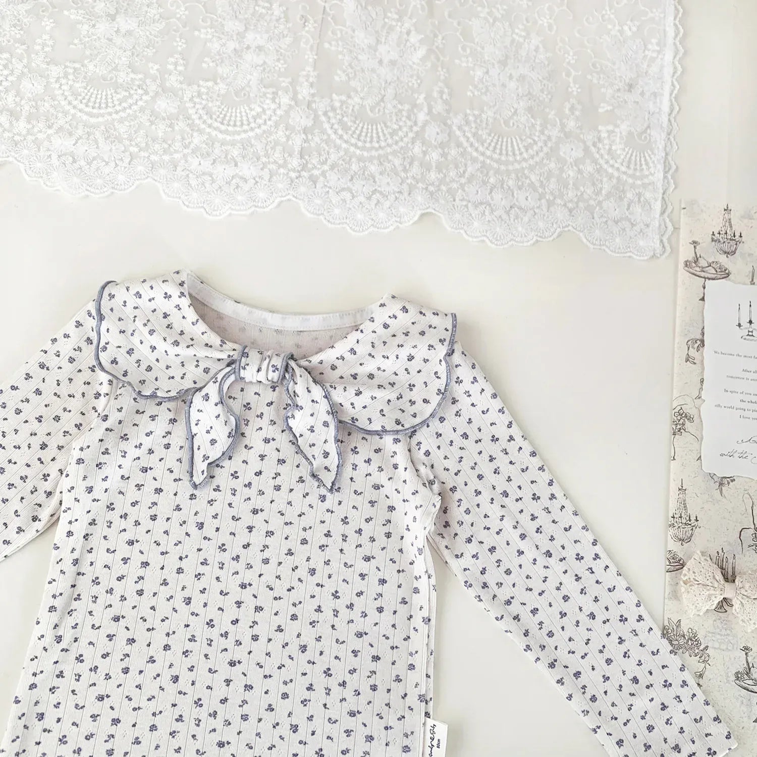 長袖Tシャツ ベビーキッズトップス フラワー/無地リボン襟長袖Tシャツブラウス【mh0008929】