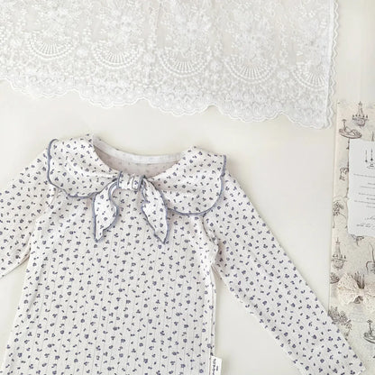 長袖Tシャツ ベビーキッズトップス フラワー/無地リボン襟長袖Tシャツブラウス【mh0008929】