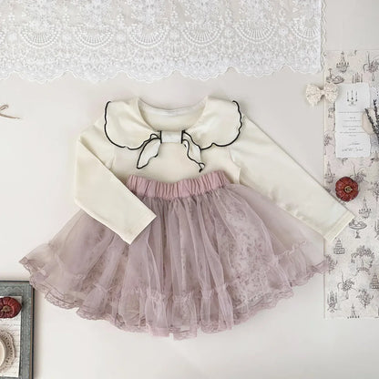 長袖Tシャツ ベビーキッズトップス フラワー/無地リボン襟長袖Tシャツブラウス【mh0008929】