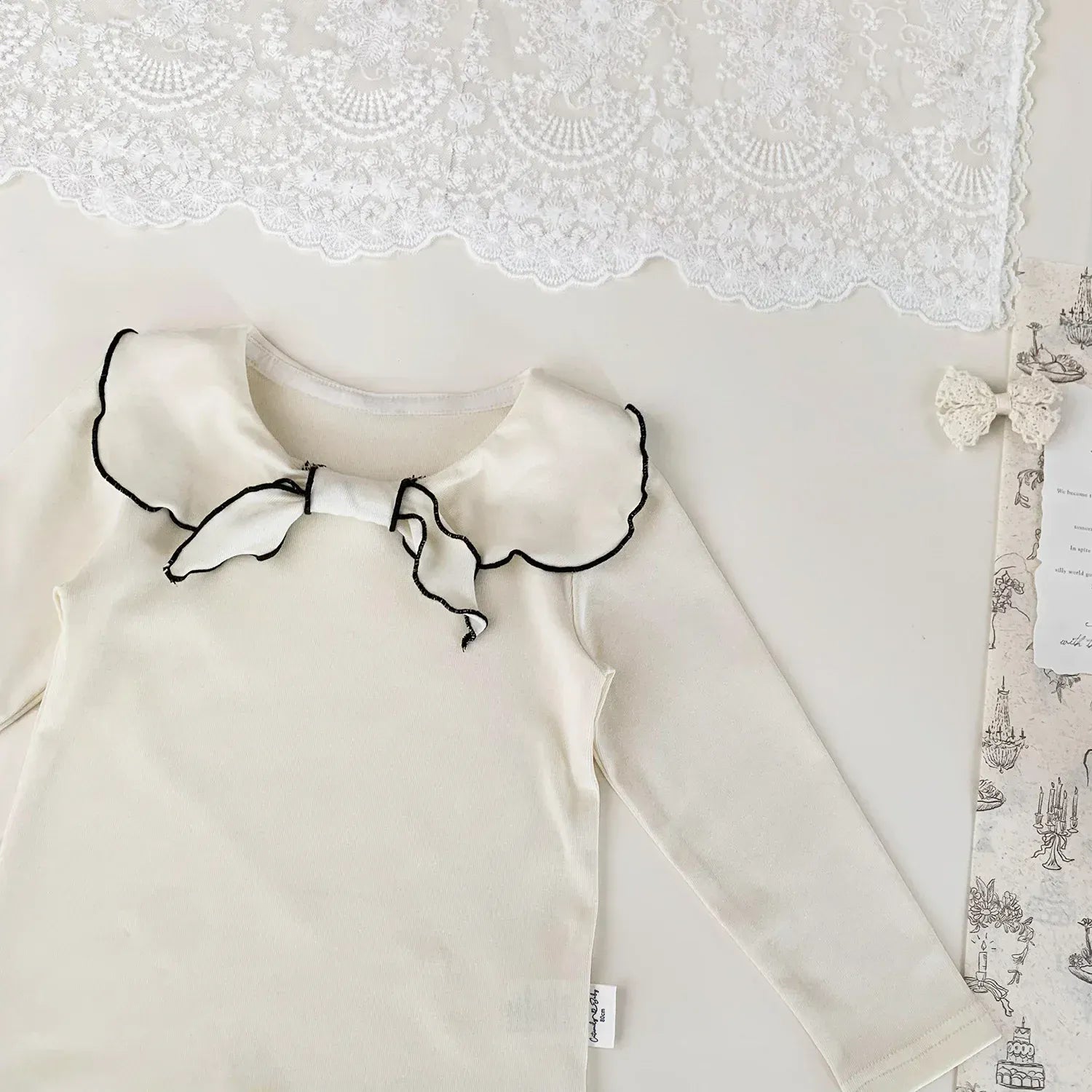 長袖Tシャツ ベビーキッズトップス フラワー/無地リボン襟長袖Tシャツブラウス【mh0008929】