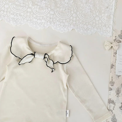 長袖Tシャツ ベビーキッズトップス フラワー/無地リボン襟長袖Tシャツブラウス【mh0008929】