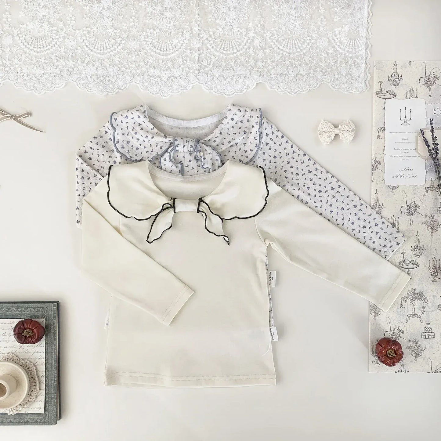 長袖Tシャツ ベビーキッズトップス フラワー/無地リボン襟長袖Tシャツブラウス【mh0008929】