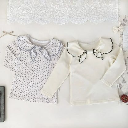 長袖Tシャツ ベビーキッズトップス フラワー/無地リボン襟長袖Tシャツブラウス【mh0008929】