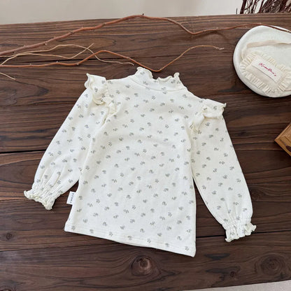 長袖Tシャツ フリルスタンドカラー花柄長袖Tシャツ【mh0011160】