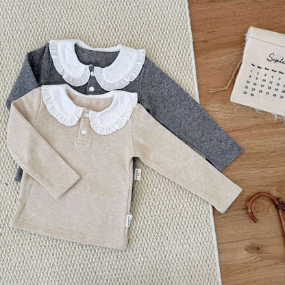 長袖Tシャツ 長袖Tシャツ フリル襟 フライス 裏起毛 リブTシャツ【mh0011508】