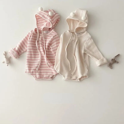 -ベビー長袖ロンパース ボンネットセット 帽子セット ピンクボーダー ホワイト無地 2カラー ユニセックス 男の子 女の子 子供服【mh0003316】 - mamahalo shop - 長袖ロンパース -  べビー服 - 子供服 - 男の子 - 女の子