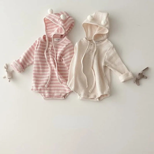-ベビー長袖ロンパース ボンネットセット 帽子セット ピンクボーダー ホワイト無地 2カラー ユニセックス 男の子 女の子 子供服【mh0003316】 - mamahalo shop - 長袖ロンパース -  べビー服 - 子供服 - 男の子 - 女の子