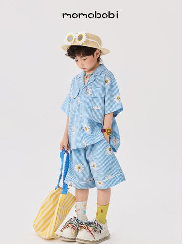 Daisy Gingham Shirt Shorts デイジー チェックシャツ ショートパンツ【mh0013007】 momobobi 半袖セットアップ