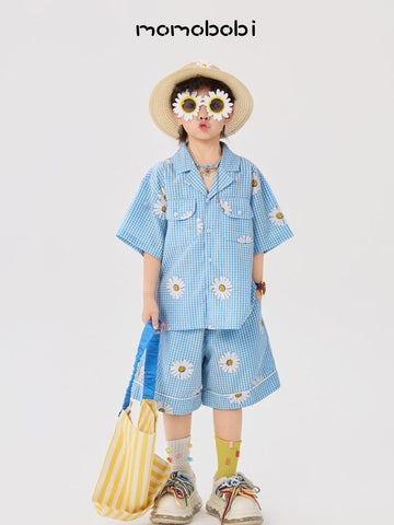 Daisy Gingham Shirt Shorts デイジー チェックシャツ ショートパンツ【mh0013007】 momobobi 半袖セットアップ