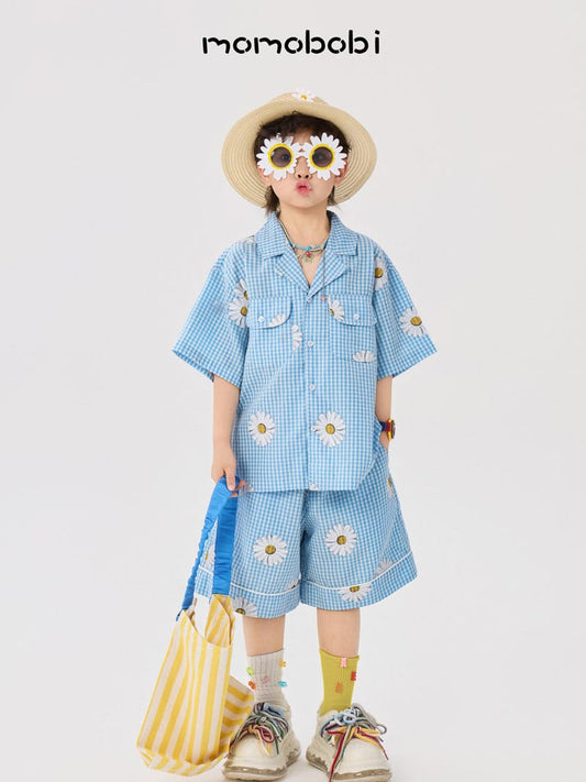 Daisy Gingham Shirt Shorts デイジー チェックシャツ ショートパンツ【mh0013007】 momobobi 半袖セットアップ
