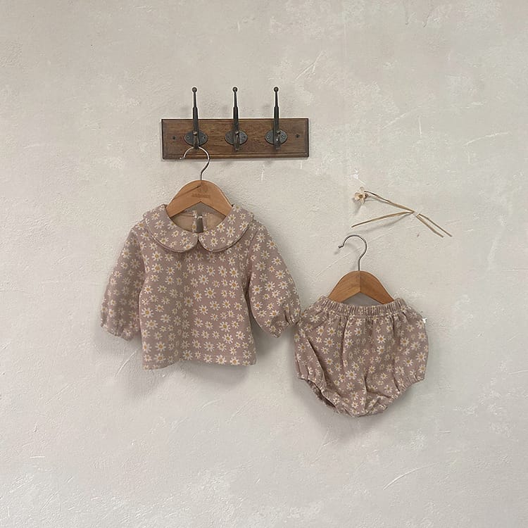 Daisy Print Top & Pants Set デイジー柄 襟付きトップス＆ブルマセット【mh0012690】 Dark apricot / 73cm BBAMMA 長袖セットアップ